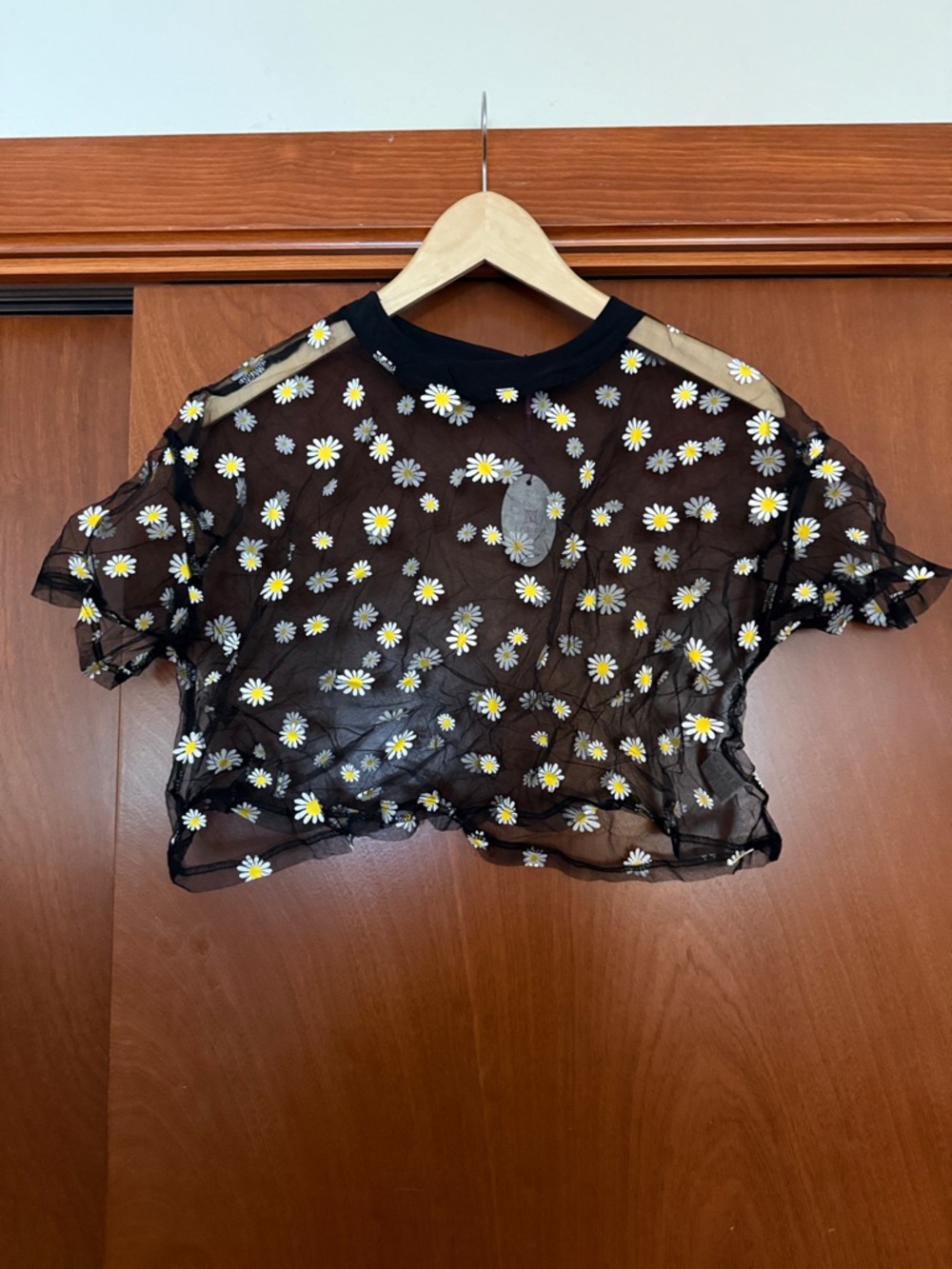 Sheer Black Daisy Mesh Crop Tee